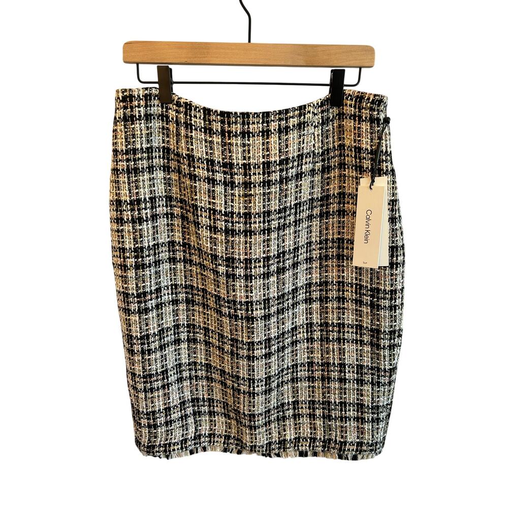 Calvin Klein Plaid Tweed Fringe Hem Pencil Skirt Size 10 NWT